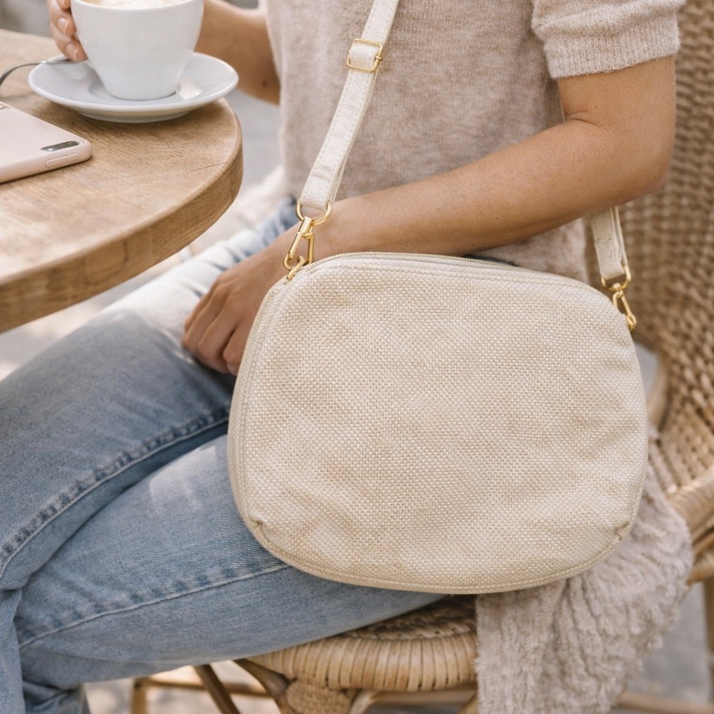 Jen & Co Cream Crossbody Bag Neutral Minimal Vegan Leather Strap Gold Hardware - Picture 2 of 8